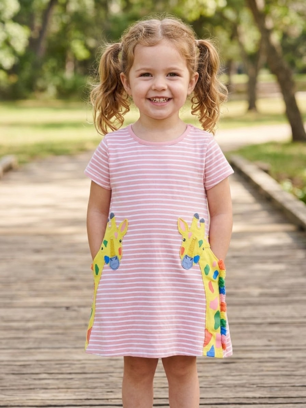 Baby Boden Pink & White Striped Giraffe Appliqué Jersey Dress